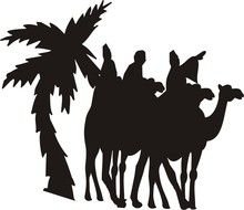 silhouettes of people on camels near palm trees as a graphic image