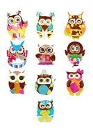 crafts, set of cartoon anthropomorphic owls