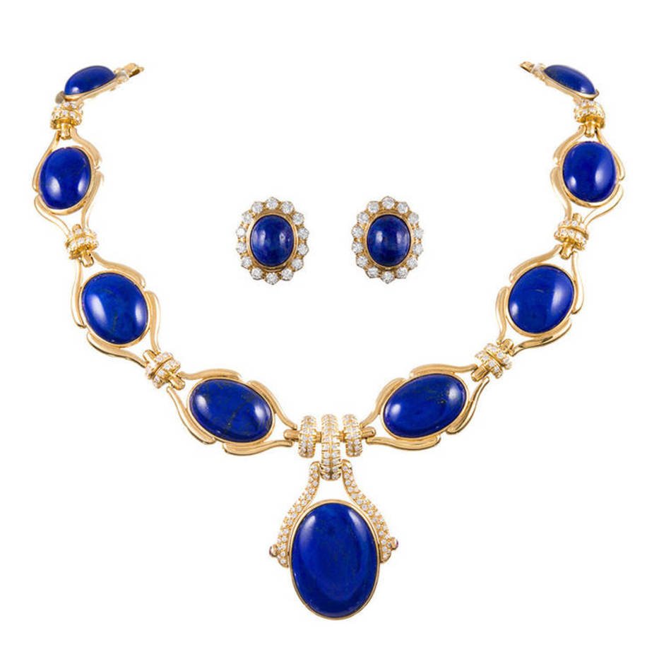 Lapis Diamond Necklace And Earrings Suite