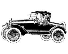 black and white drawing of a girl in an old car