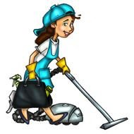 House Cleaning, uniformed young girl with vacuum, drawing