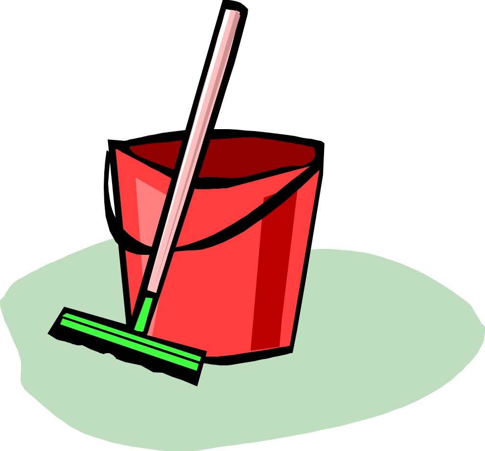 red bucket and green broom