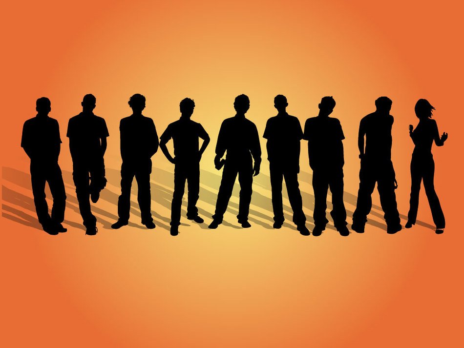 crowd of people on an orange background