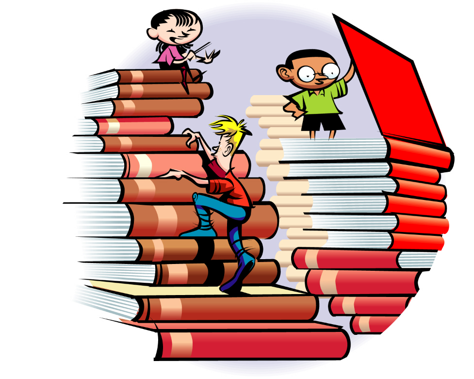 Cartoon Children On Stacks Of Books Free Image Download