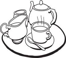 black and white picture of a tea set on a tray