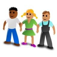 two boys and girl holding hands, drawing
