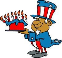 cartoon man in american costume carries cake