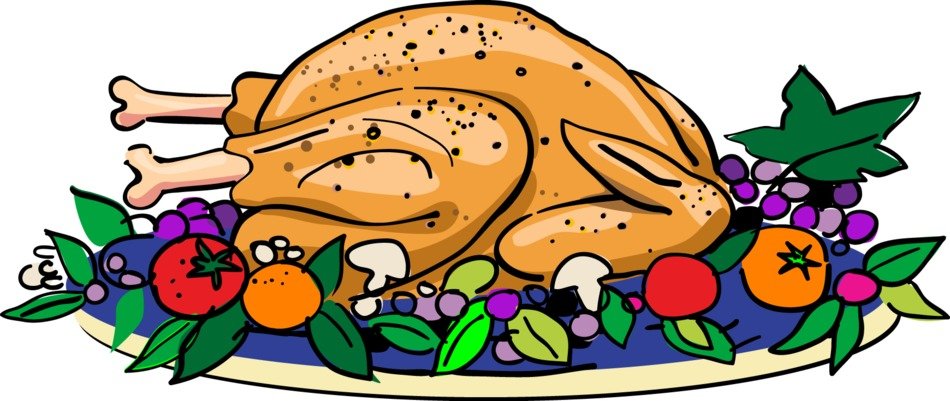 drawing of turkey with vegetables and herbs on a tray