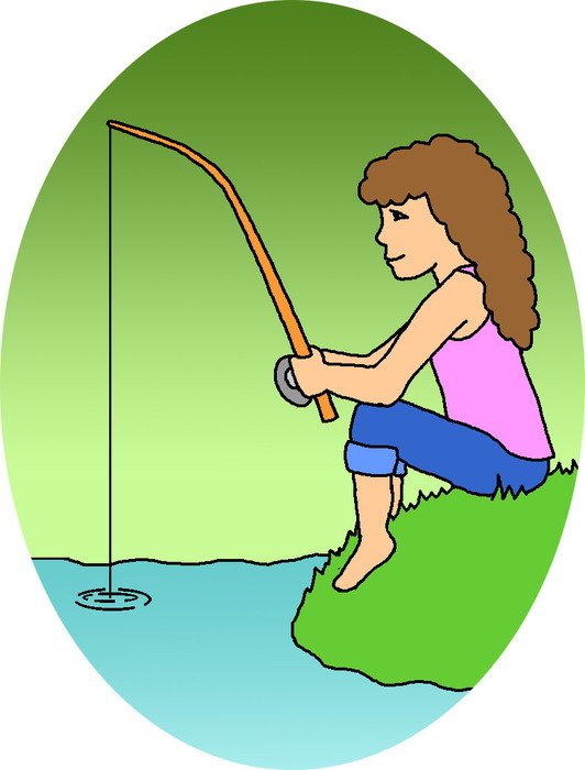 young girl fishing from bank, drawing