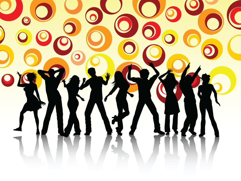 silhouettes of dancing people on a background with patterns