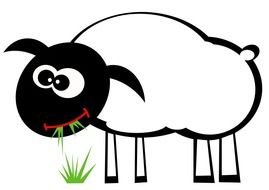 Black And White cartoon sheep with Grass in mouth