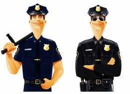 two smiling police officers in black uniform, render