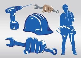 silhouette of a worker and drawn construction tools