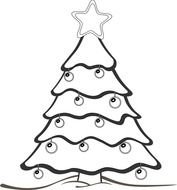 black and white drawing of a christmas tree with toys