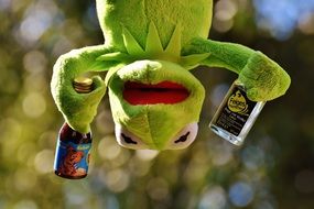 green frog hanging upside down with bottles in hand