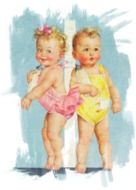 Vintage postcard with a picture of a baby girl and baby boy