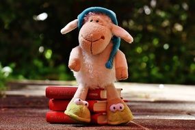 toy sheep sits on books