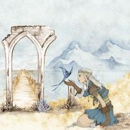 Beautiful image of the girl with bid on beautiful landscape