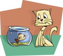 cartoon Cat sits beside Aquarium with Fish