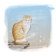 drawing of a red cat on a wooden pier