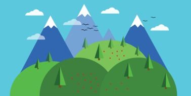 Snowy Mountains and green hills with trees and flowers
