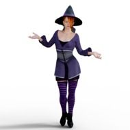 painted witch in a purple costume on a white background