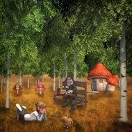 drawn fairy forest with live mushrooms