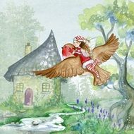 Girl flying on bird, Fairy tale illustration