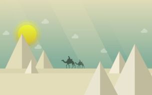 Camels with people among the pyramids among the desert on drawing