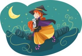 graphic image of a charming witch on a broomstick