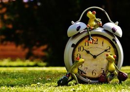 ceramic frogs near an alarm clock on green grass