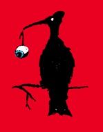 painted bird with an eyeball in its beak on a red background