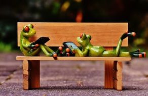 two frogs with computers lie on a wooden bench