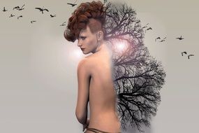 Woman Forest Birds fantastic drawing