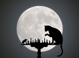 silhouettes of a cat and mouse on the background of the moon