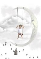 Small boy swinging on the moon