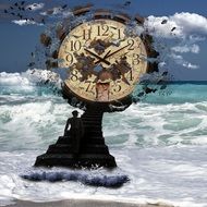 man walking upstairs to destroy clock in Sea, collage