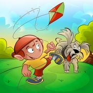 Boy plays with Kite and Dog drawing