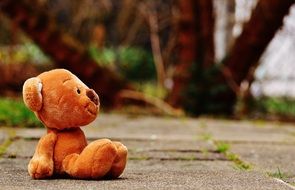 brown teddy bear sitting sideways on the footpath in the park