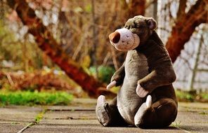 teddy bear sitting sideways on the footpath in the park