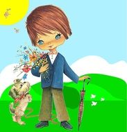 Cartoon landscape with the boy and the dog clipart