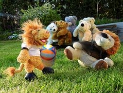 plush toys play football on green grass