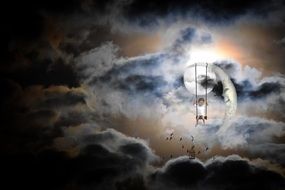 the mystical image of the child on the swing on the moon among the clouds