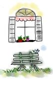 painted window and wooden bench