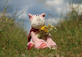 soft toy with a bouquet of flowers among the field