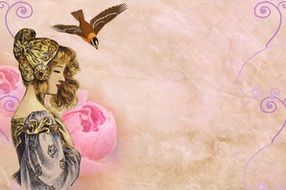 Clipart of vintage Lady and bird