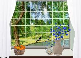 grated Window with fruits and flowers on windowsill, illustration