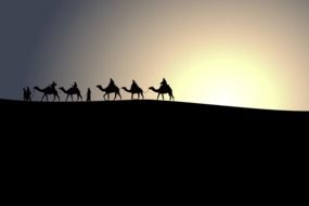 silhouette of a caravan in the desert during sunset