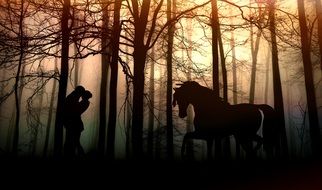 Lovers in dark forest and horse, collage