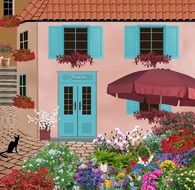 Flowers and cat on old street, drawing